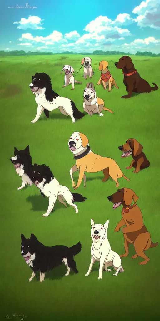 Image similar to a group of dogs playing in a field, studio ghibli style lighting, highly detailed, trending on artstation.