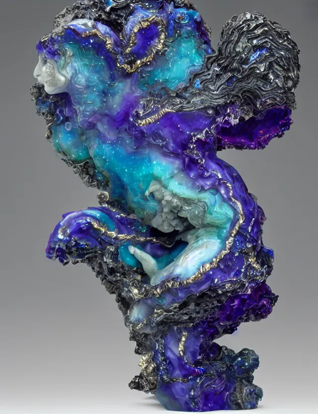 Image similar to a sculpture of a winged child made from blue and emerald and amethyst crystal geode formations with flowing marble water with obsidian base with liquid gold tendrils flowing by carlo maria mariani by stanisław szukalski, octane render, byzantine, spirals, elestial crystals, geode,