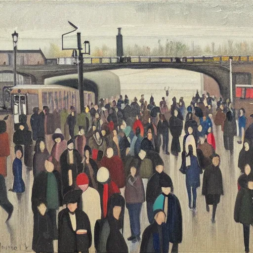 Image similar to painting of swedish commuters heading to the central business district of stockholm, painted by laurence stephen lowry, oil on canvas, national gallery