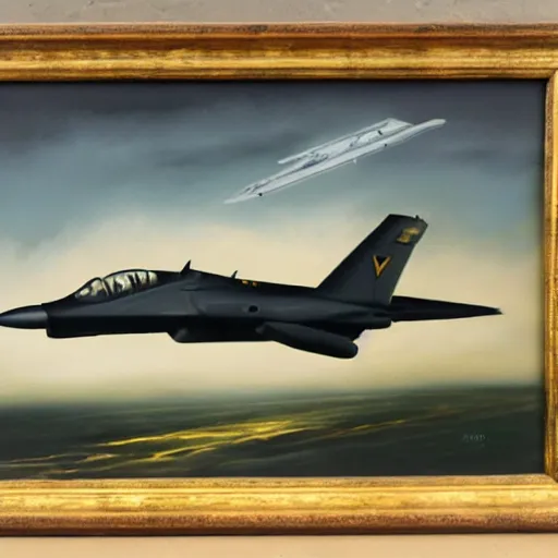 Prompt: oil painting of a military jet