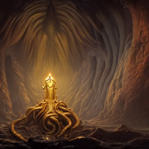 Image similar to A beautiful hyper realistic detailed matte painting of the interior of a cavern with a gold-trimmed statue of Cthulhu in the center, dramatic lighting, dynamic lighting, cinematic lighting, lit by candlelight, by John Howe and Andreas Rocha, unreal engine, featured on artstation, featured on behance, ultrawide angle, f8