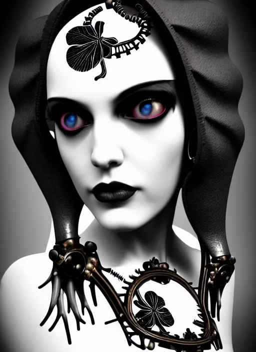 Image similar to 1 9 3 0 black and white gothic masterpiece profile face portrait, one steampunk eye biomechanical beautiful young female cyborg - vampire, body meshes, big monocular, volumetric light, hibiscus flowers, by hg giger, rim light, big gothic fashion pearl embroidered collar, 8 k