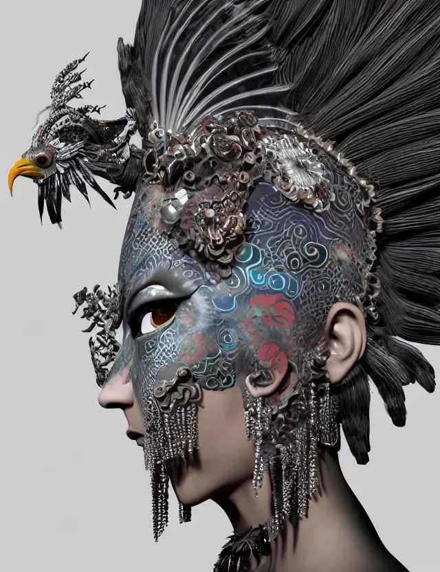 Image similar to 3 d goddess close - up profile portrait punk with mohawk in victorian style with ram skull. beautiful intricately detailed japanese crow kitsune mask and clasical japanese kimono. betta fish, jellyfish phoenix, bio luminescent, plasma, ice, water, wind, creature, artwork by tooth wu and wlop and beeple and greg rutkowski