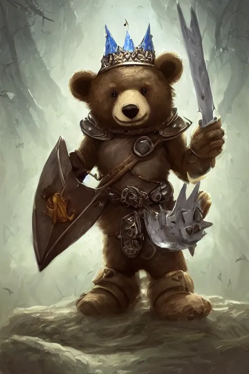 Image similar to cute little anthropomorphic bear knight wearing a cape and a crown, tiny, small, miniature bear, baby animal, short, pale blue armor, cute and adorable, pretty, beautiful, DnD character art portrait, matte fantasy painting, DeviantArt Artstation, by Jason Felix by Steve Argyle by Tyler Jacobson by Peter Mohrbacher, cinematic lighting