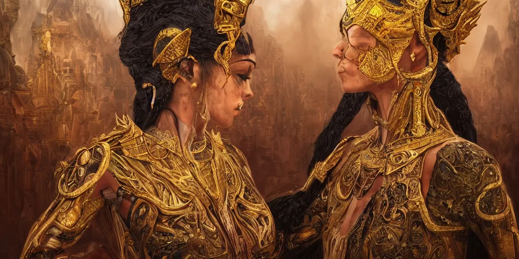 Prompt: HDR portrait photography mirror of The Utopian Benevolent Cyborg Queen and The Underworld Evil Cyborg King, Coherent portraits, ethnic fantasy, intricate, elegant, highly detailed, African, Egyptian, digital painting, trending on ArtStation, HDR photo, smooth, sharp focus, illustration, art by artgerm and greg rutkowski and alphonse mucha