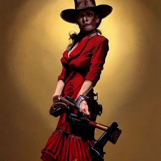 Image similar to a woman in a red wild west dress holding a shotgun, realistic painting by drew struzan, anatomically correct, beautiful, soft lighting, artstation