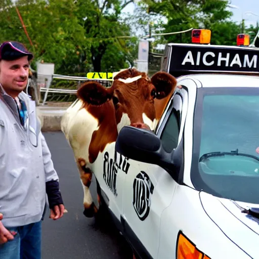 Prompt: a dairy cow driving a taxicab