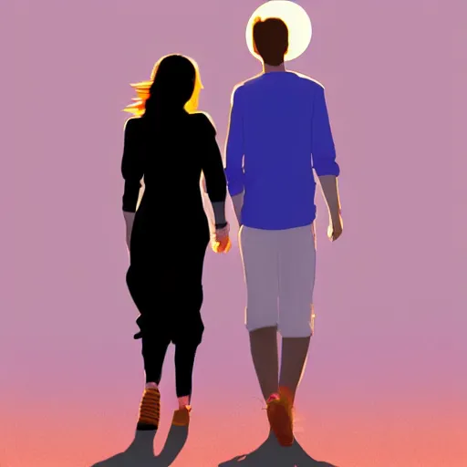 Prompt: A beautiful girl and her boyfriend happily walk into the sunset, holding hands, digital art, artstation