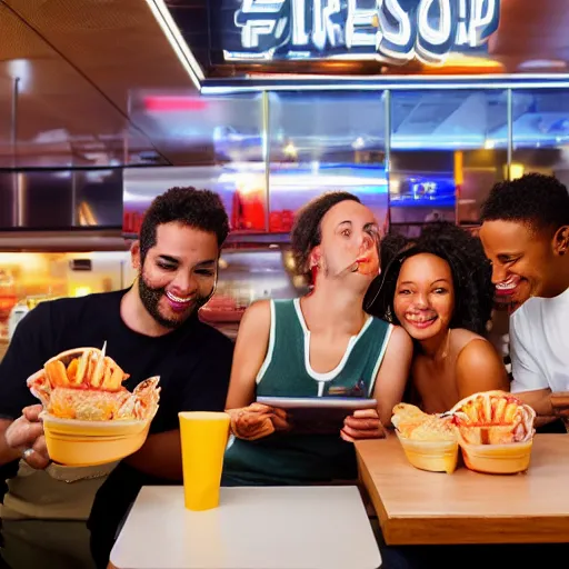 Prompt: a best fast food in usa, people inside eating meals, midnight, selfie, took on ipad