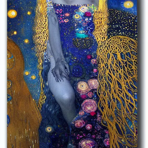 Image similar to dreamy angel, in the cosmos, 🌫🌌 intricate long shelve robes, intricate detail, klimt, royo,