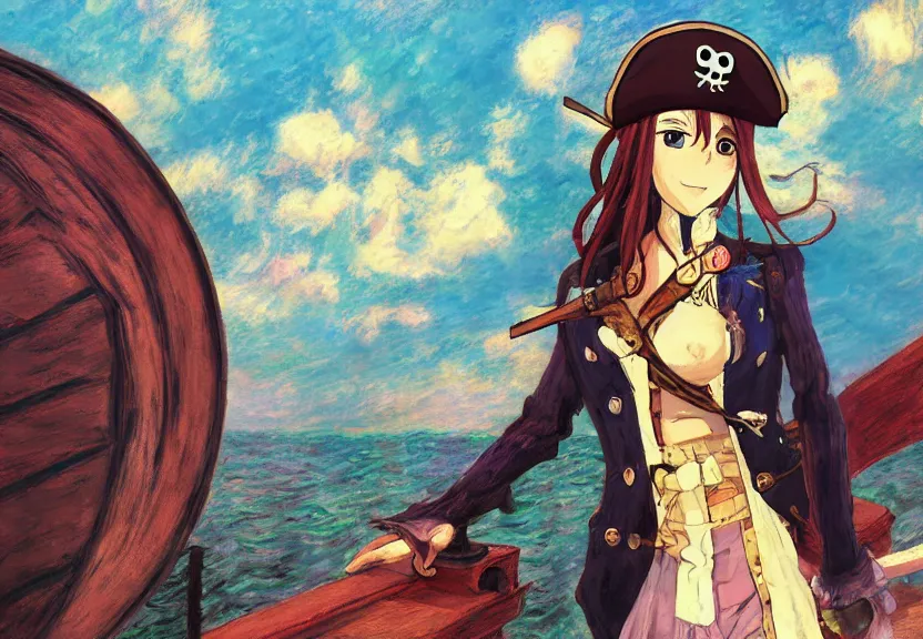 Image similar to wide angle perspective of a female pirate, centered, single subject, a thrifty uniform, somewhat of an anime in impressionist style, trending artwork, made with anime painter studio, by claude monet and an anime artist, collaboration