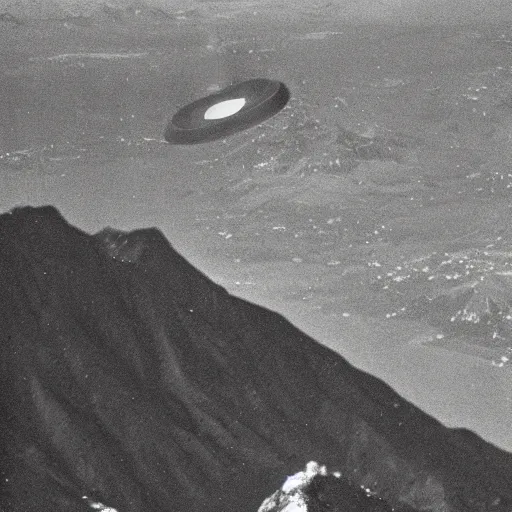 Image similar to a ufo seen on top of a mountain seen from an airplane, vintage photo, old, grainy, sepia