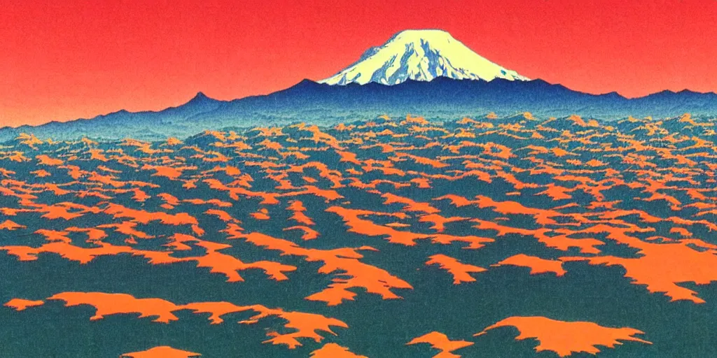 Image similar to skyline of a large metropolis, mount rainier looming in the background, acid and dreaming psychedelic hallucinations, by kawase hasui, moebius and edward hopper, hd, 8 k, artstation, sharp focus, smooth, masterpiece