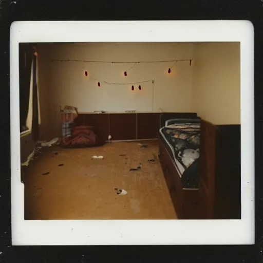 Prompt: a polaroid photo a of an abandoned and rather lonely college student's bedroom, completely empty, desolate and devoid atmosphere, faint string lights hung on the wall can be seen, shot with portra 400