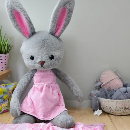 Image similar to flopsy the grey stuffed bunny comes to life in a 9 year old girls bedroom, photo realistic, fluffy, cute, adorable, no pink, gold wall, bunting