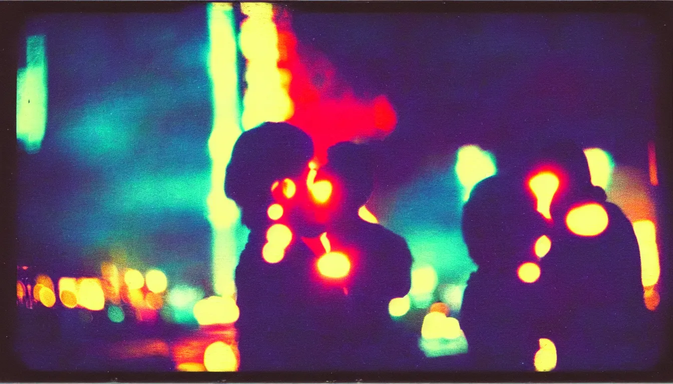 Image similar to colorful instant photograph of a beautiful couple at night, polaroid, light leak, raw, nostalgic