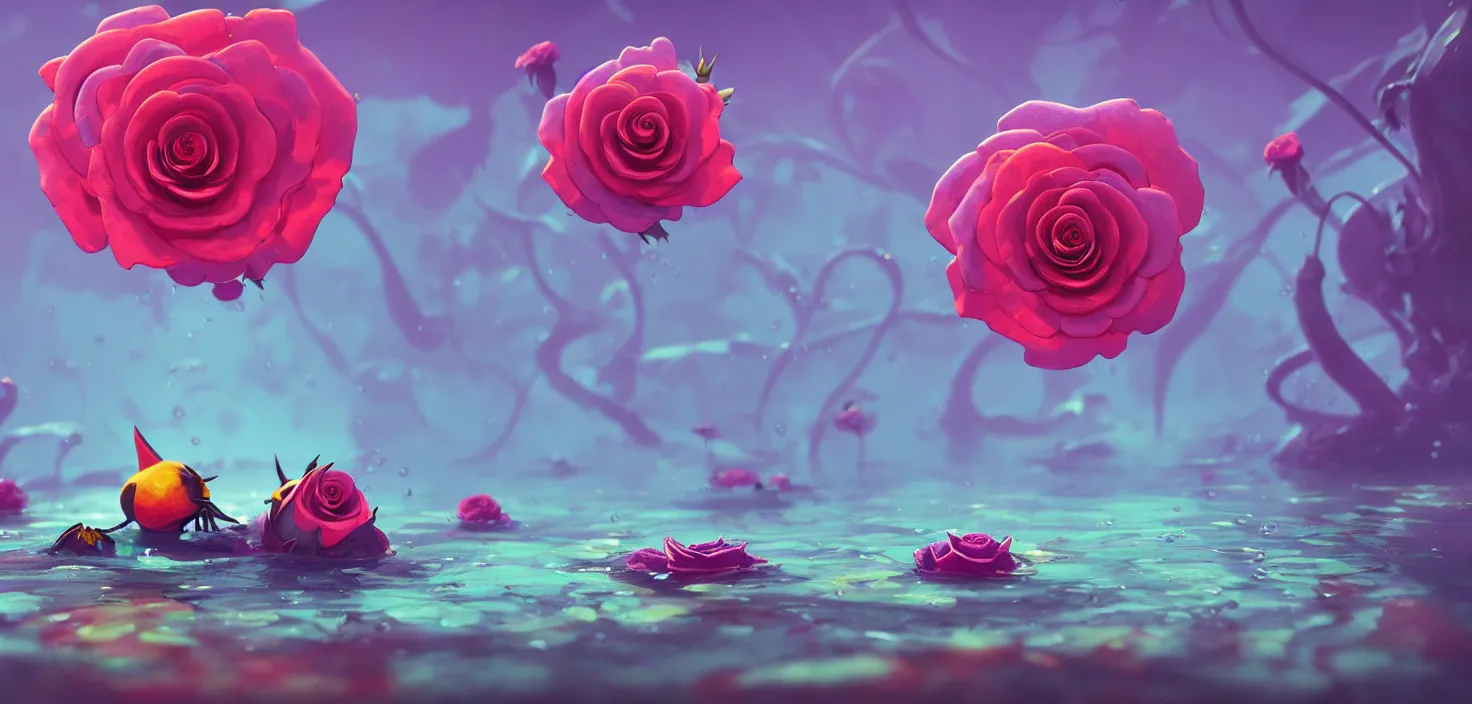 Prompt: colourful murky nature with the rose flowers in water, in the style of craola, shallow depth of field, highly detailed, digital painting, trending artstation, concept art, illustration, cinematic lighting, vibrant colors, photorealism, epic, octane render
