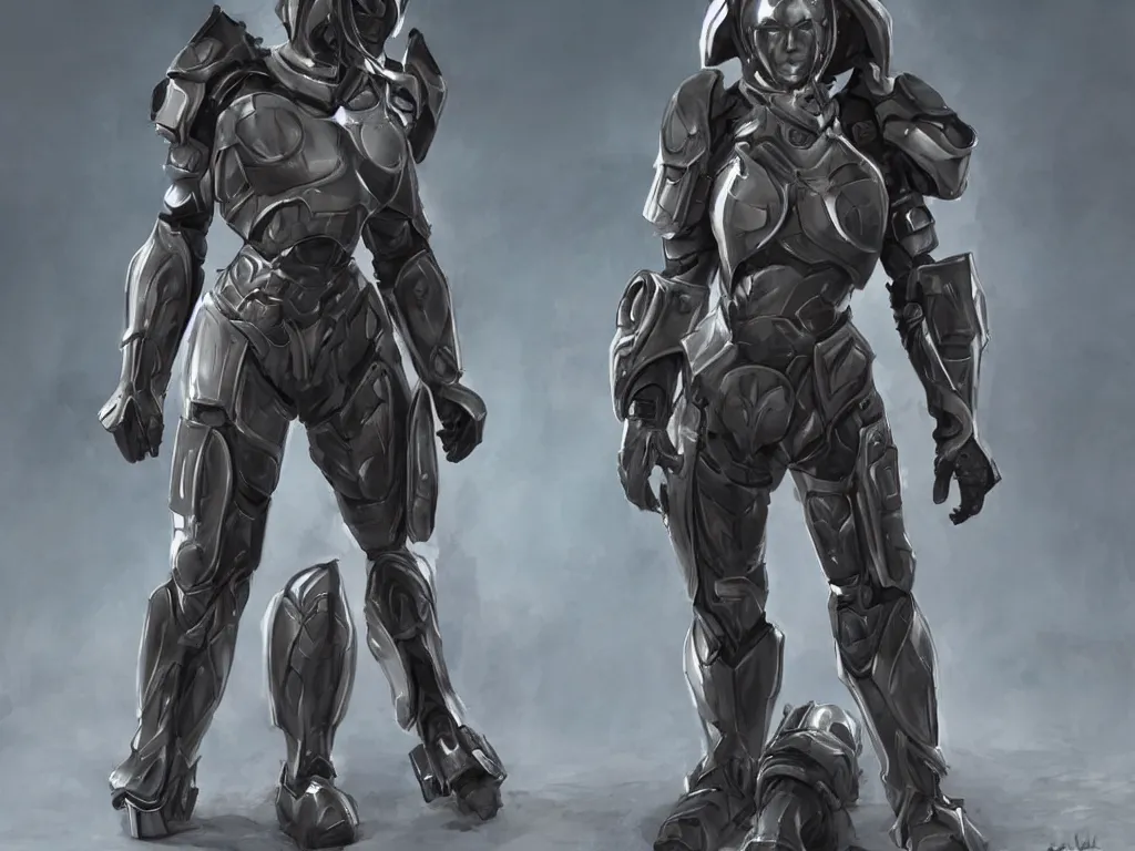 Image similar to futuristic female paladin in power armor kneeling, highly detailed, wlop