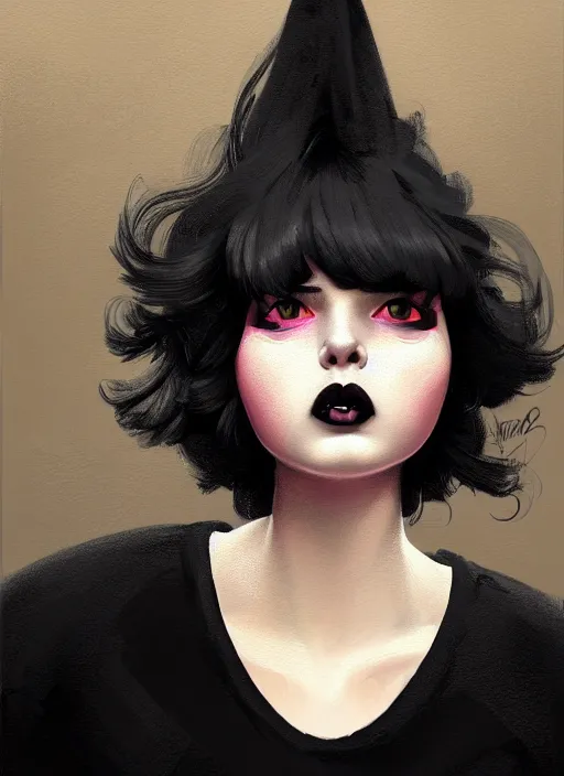 Prompt: portrait of a plump teenager with a crooked nose and a confident expression, 1 9 6 0 s, black clothes, goth, punk, brightly coloured hair, funk, intricate, elegant, highly detailed, digital painting, artstation, concept art, smooth, sharp focus, illustration, art by wlop, mars ravelo and greg rutkowski