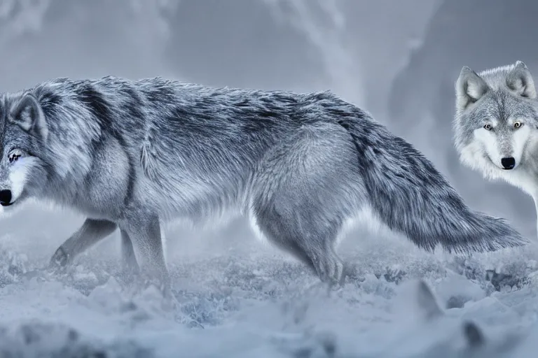 Prompt: crystal wolves breathing ice, 8 k, reflective