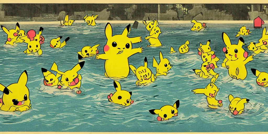 Image similar to a flat illustration of several pikachus swimming in a wide pool together, vaudevillian, from 1890, nostalgic, detailed, vignette, high quality scan, yellow and green