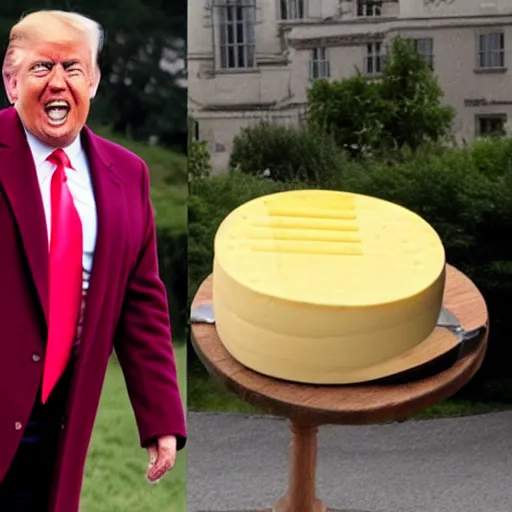 Image similar to donald trump eating a large wheel of cheese,