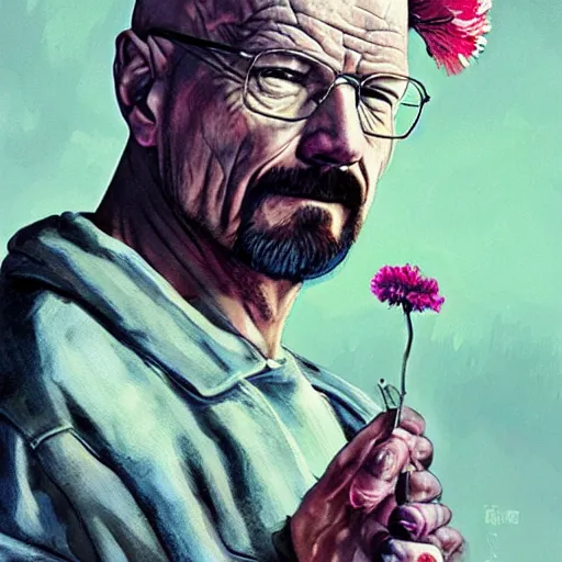 Prompt: painting of walter white dressed with flowers, illustration, artistic, colorful, hyper detailed, in the style of Greg Rutkowski