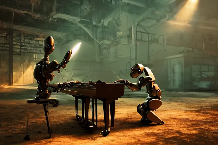 Prompt: a factory robot is playing the piano, post apocalypse green everywhere, 4k, ultra details, cinematic, epic style, beautiful photo, hyper realistic, octane render, unreal engine, award winning, on artstation, volumetric lightning, masterpiece, golden hour,
