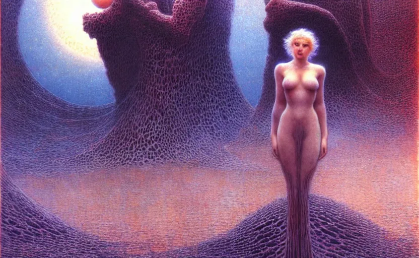 Prompt: cute scarlett johansson on a gigeresque planet by jean delville by luis royo and wayne barlowe, beksinski