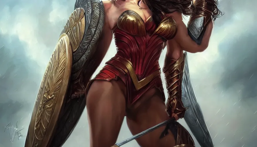Image similar to painting of gal gadot as muscular and beautiful valkyrie with long red hair, fantasy art, full shot, atmospheric lightning, by artgerm
