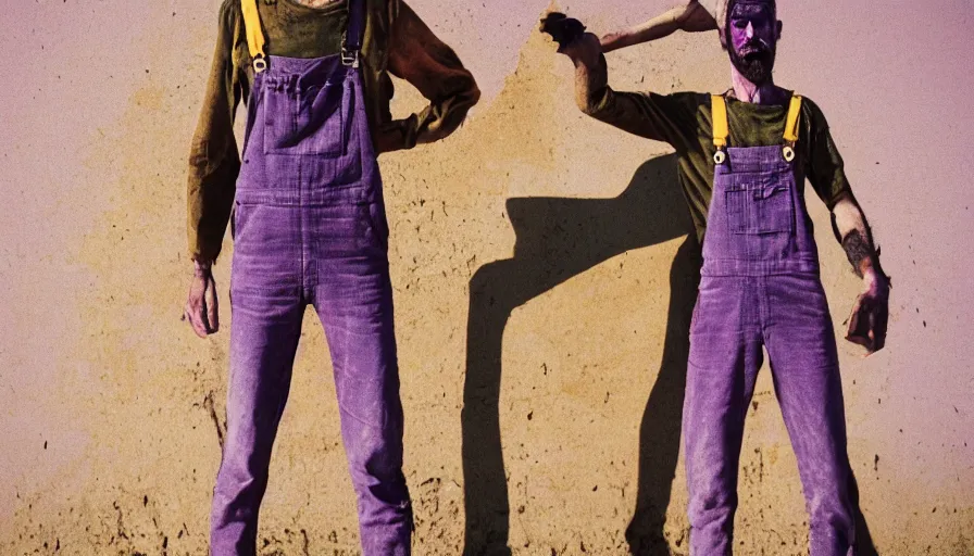 Image similar to far view, extremely skinny malnourished purple thanos with long beard, wearing dirty overalls, dirty greasy face, grin, portrait, close up, kodak gold 2 0 0, 5 0 mm,