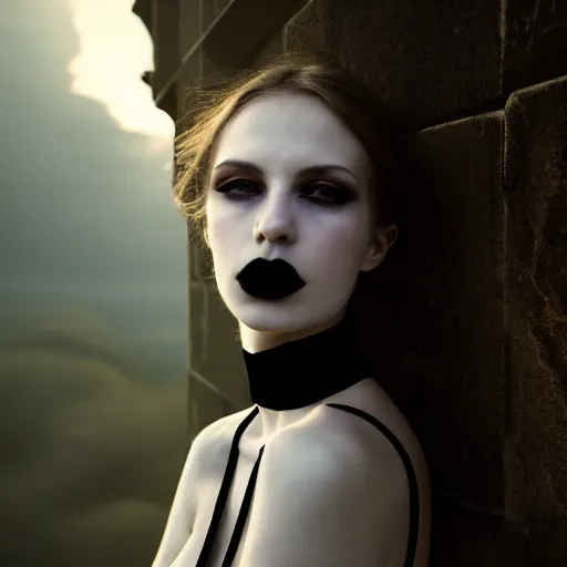 Prompt: photographic portrait of a stunningly beautiful gothic female with choker in soft dreamy light at sunset, god rays, contemporary fashion shoot, by edward robert hughes, annie leibovitz and steve mccurry, david lazar, jimmy nelsson, breathtaking, 8 k resolution, extremely detailed, beautiful, establishing shot, artistic, hyperrealistic, beautiful face, octane render