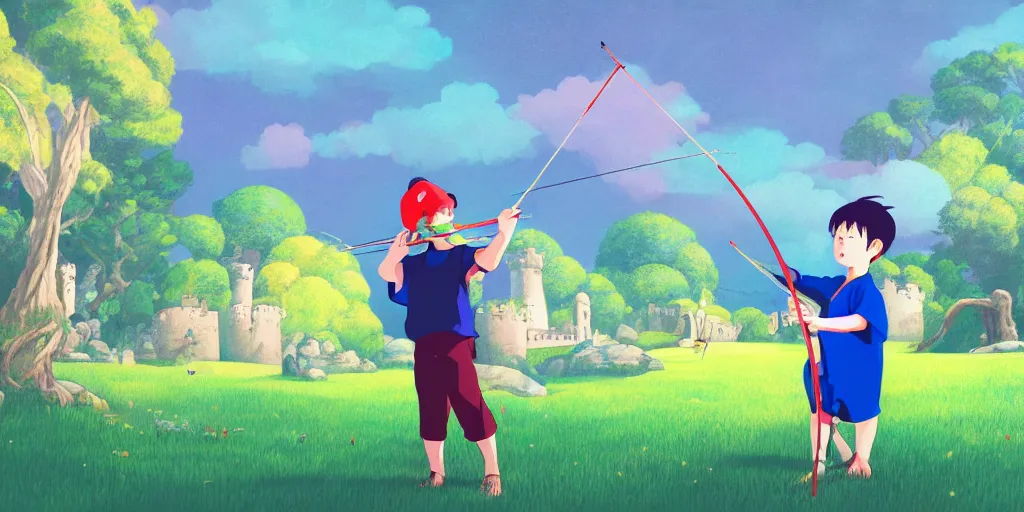 Image similar to a young boy practicing archery in the backyard of a castle, illustration, digital art, flat painting, vivid colors, flat colors, cinematic, surreal, wide angle, made by chiho aoshima, inspired by studio ghibli, trending on artstation, detailed