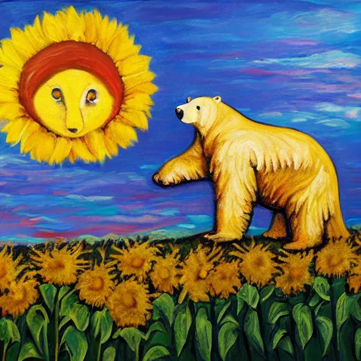 Image similar to Impasto painting of a polar bear in a field of sunflowers over a sunset, ayahuasca