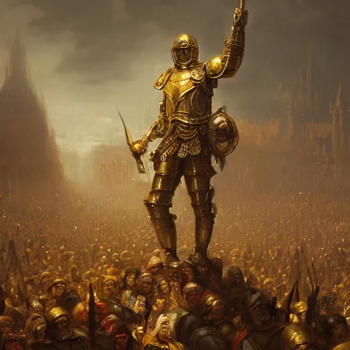 Image similar to artstation concept of a man in armor standing in a crowd gettig cheered, man with arms wide open, bright colorful, gold, hyperdetailed, artstation trending, world renowned artists, worth 1 0 0 0. com, historic artworks society, antique renewel, cgsociety, by greg rutkowski, by gustave dore, deviantart