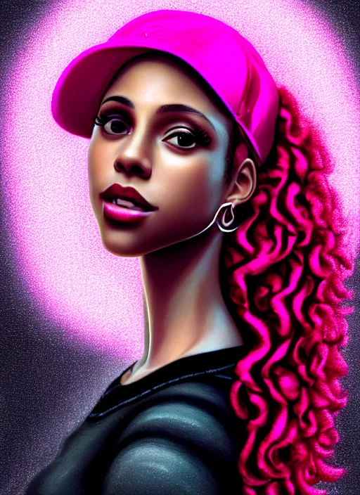 Image similar to portrait of teenage vanessa morgan with bright pink hair, black girl, vanessa morgan, curly pixie cut hair, wearing newsboy cap, newsboy cap, hoop earrings, intricate, elegant, glowing lights, highly detailed, digital painting, artstation, concept art, smooth, sharp focus, illustration, art by wlop, mars ravelo and greg rutkowski