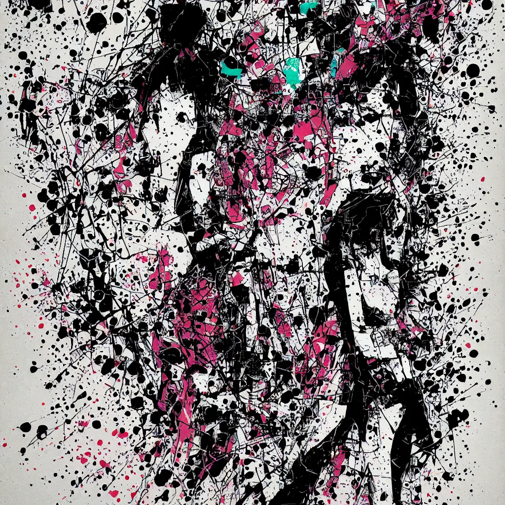 Image similar to girl figure, abstract, jet set radio artwork, ryuta ueda artwork, cryptic, rips, spots, asymmetry, stipple, lines, glitches, color tearing, pitch bending, stripes, dark, ominous, eerie, hearts, minimal, points, otomo katsuhiro artwork, technical, natsumi mukai artwrok, folds