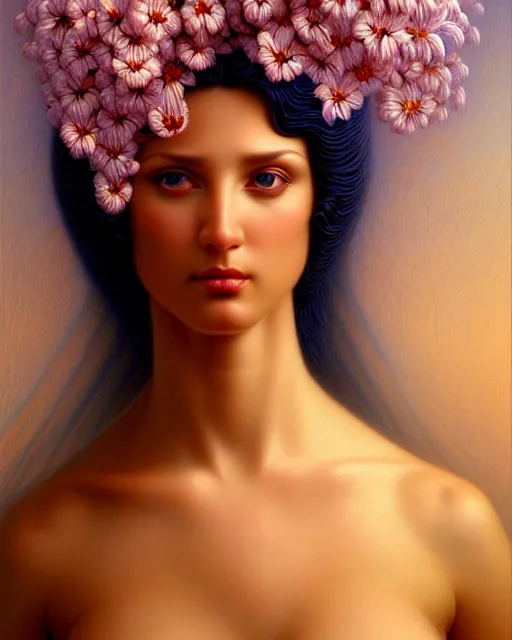 Prompt: angel, unusual beauty, flowers and plants, emotionally evoking symbolic metaphors, head in focus, fantasy, ornamental, intricate, elegant, sensual, highly detailed digital painting, artstation, concept art, painterly, golden ratio, sharp focus, illustration, art by John William Godward and Boris Vallejo and Zdzisław Beksiński,