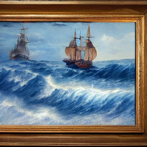 Image similar to stark oil painting, sailing ship at the edge of the world, man vs. nature, deep blue water, whitecap waves, point of no return, desperation, vivid, highly detailed, master renaissance painter, 4k scan