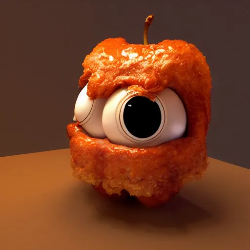 Prompt: an alive apple fritter with eyes and a mouth, 3d model, octane, realistic lighting, dynamic shadows