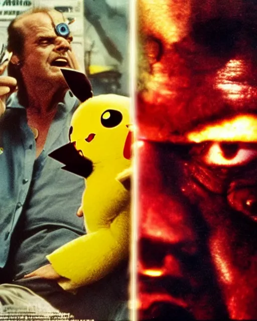 Image similar to Jack Nicholson plays Pikachu Terminator, scene where his inner exoskeleton is visible and his eye glows red, film poster