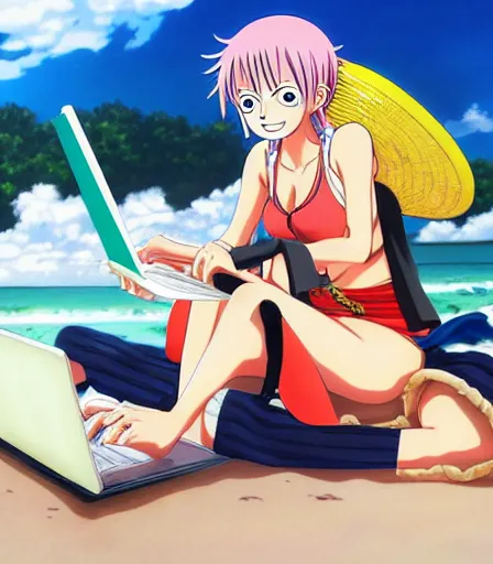 Prompt: One Piece anime key visual of a classical oil painting of female copywriter with bangs laying on a beach, working on her laptop, sipping a mai tai, official media from my hero academia, by WLOP