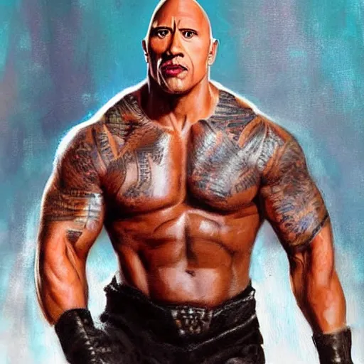 Prompt: Dwayne The Rock Johnson in the role of Gangalf, realistic painting