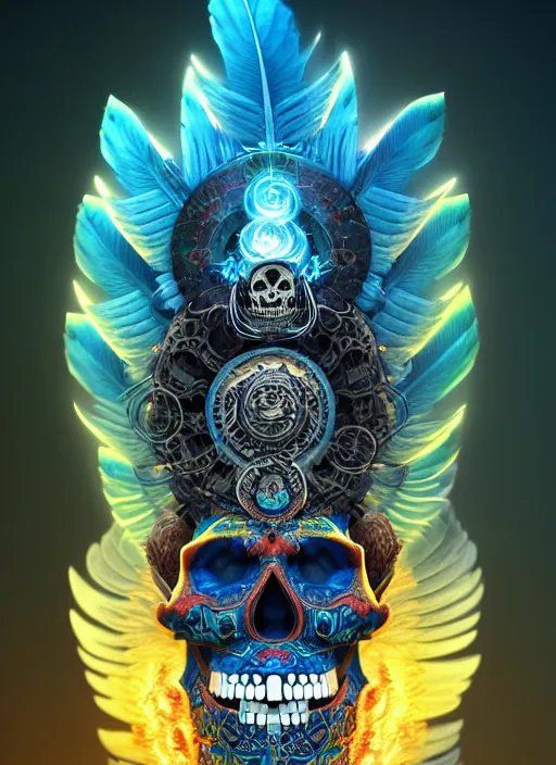 Prompt: 3 d shaman with tattoos profile portrait, sigma 5 0 0 mm f / 5. beautiful intricate highly detailed quetzalcoatl skull and feathers. bioluminescent, plasma, lava, ice, water, wind, creature, thunderstorm! artwork by tooth wu and wlop and beeple and greg rutkowski, 8 k trending on artstation,