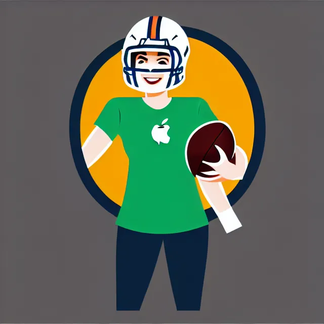Image similar to female teacher holding apple like football in rushing linebacker pose vector logo, professional NFL sports style helmet logo, flat colours, bright colours, Adobe EPS, SVG, professional, sharp edges