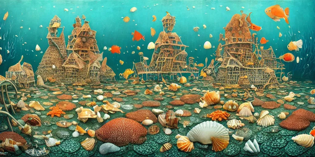 Image similar to underwater city inside!! the seashell, seaweed, corals, carps, koi fish, small scandinavian!!! houses, little people!!!, by jacek yerka by levitan, surrealistic painting, masterpiece, oil painting, sharp focus, highly detailed, intricate, smooth, 8 k,