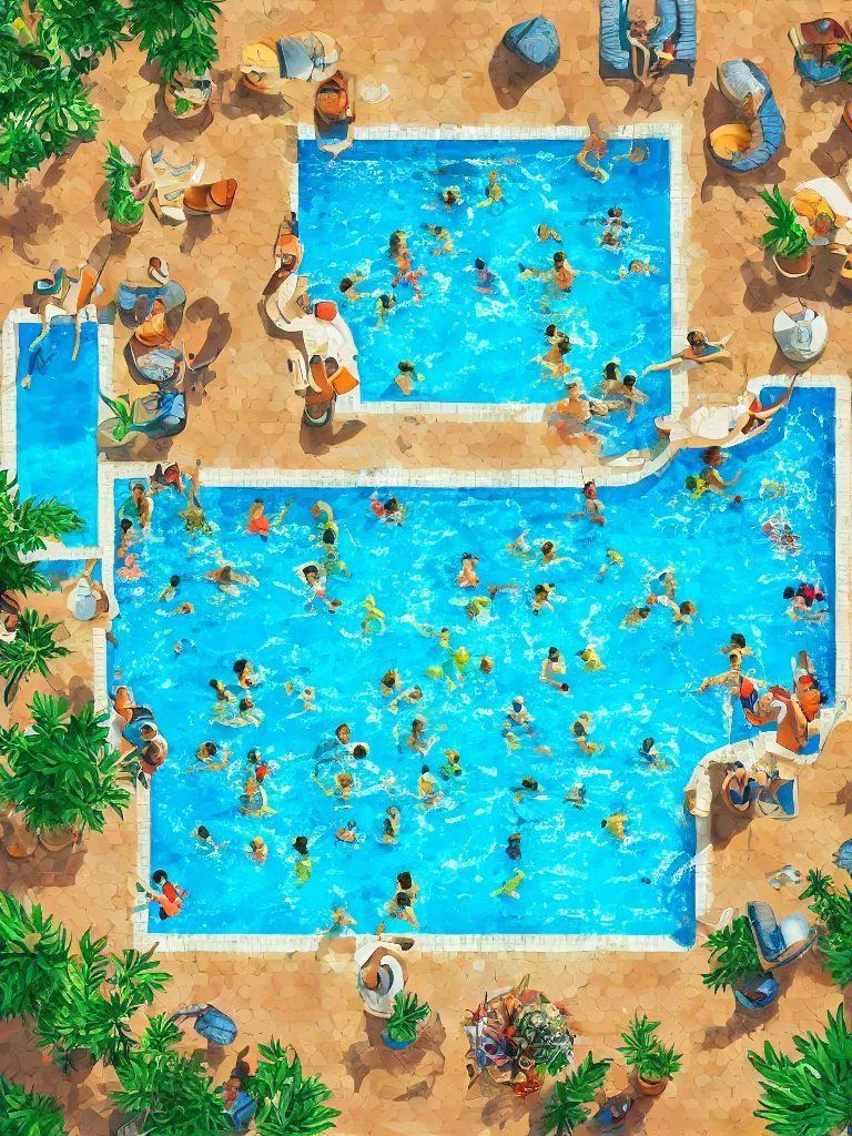 Prompt: tiled pool with people swimming, overhead, by disney concept artists, blunt borders, rule of thirds