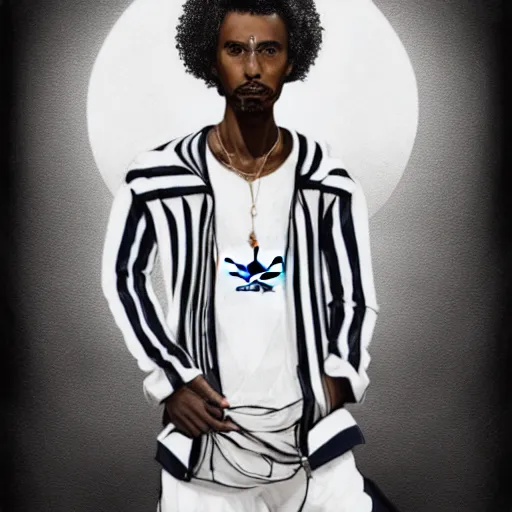 Image similar to a somali man with long curly hair, dressed in adidas clothing, intricate, elegant, highly detailed, centered, digital painting, smooth, cinematic