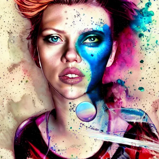 Image similar to drunken scarlett johansson as delirium from sandman, one green eye and one blue eye, hallucinating colorful soap bubbles, by jeremy mann, by sandra chevrier, by dave mckean and richard avedon and maciej kuciara, 1 9 8 0's, punk rock, tank girl, high detailed, 8 k