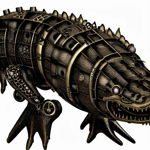 Prompt: a steampunk robotic alligator, dark background, super - detailed, photo - realistic,